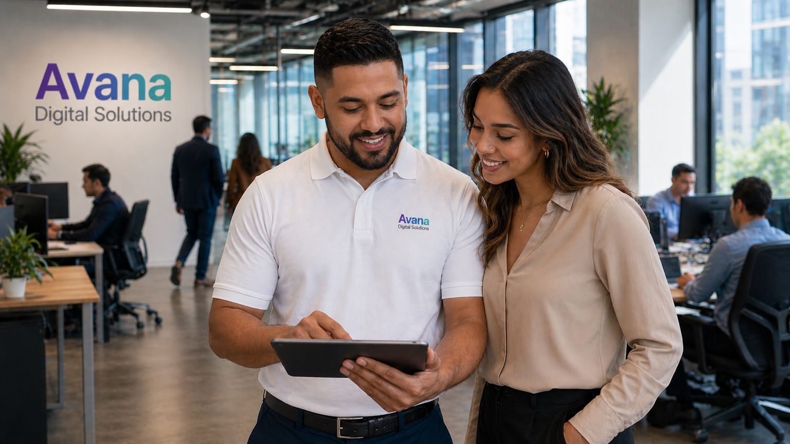 Avana Digital Solutions brand image showing two people working together with a tablet