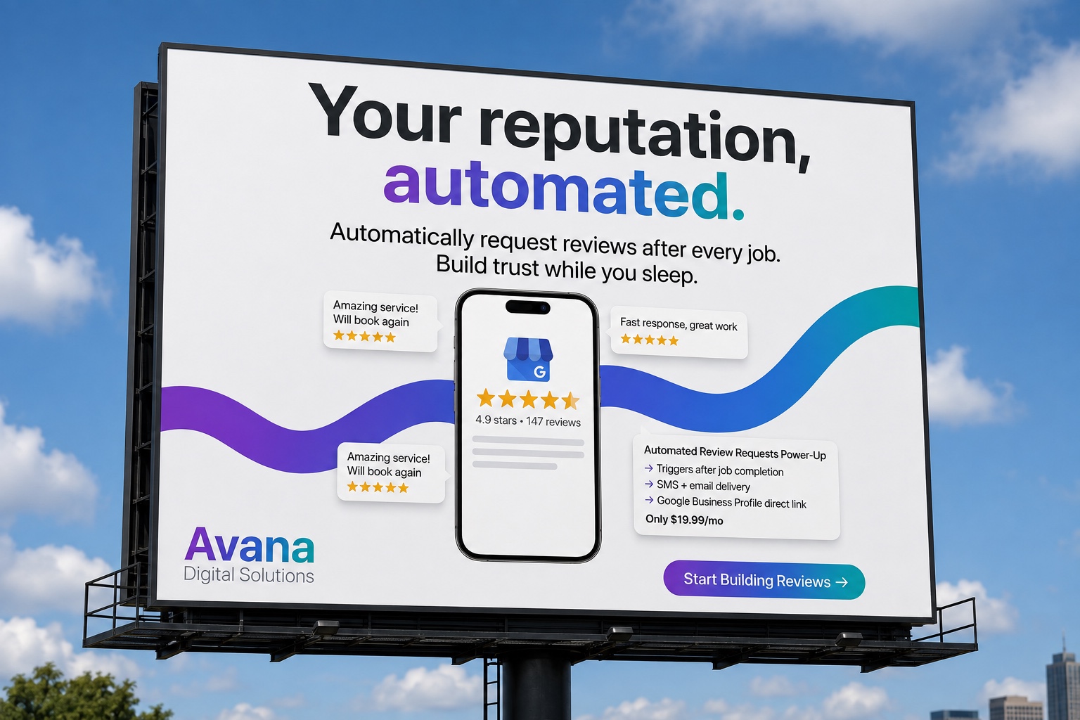 Avana campaign artwork promoting automated review requests