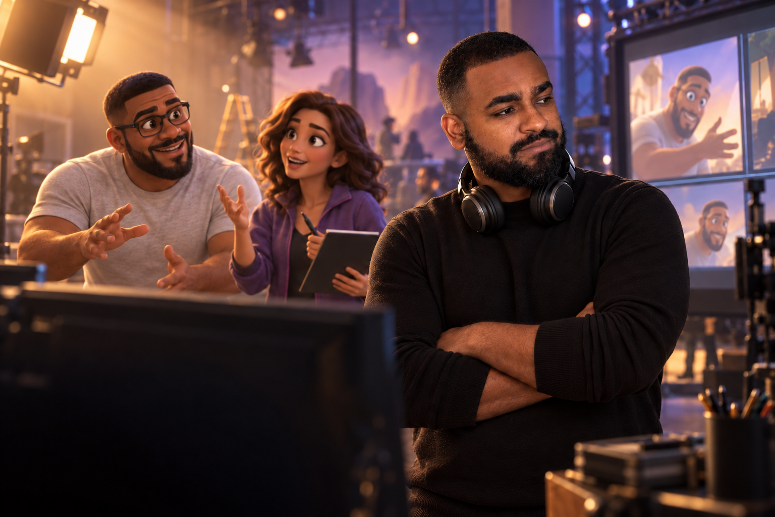 Eddison, photographed as a director with arms crossed and headphones around his neck, among original animated characters on a cinematic set