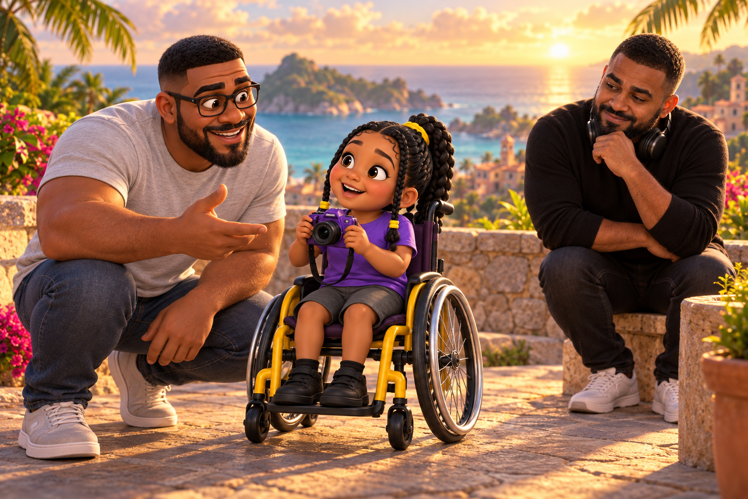 The little girl in her yellow and purple wheelchair with Michael and the purple camera, as photoreal director Eddison joins their animated coastal world