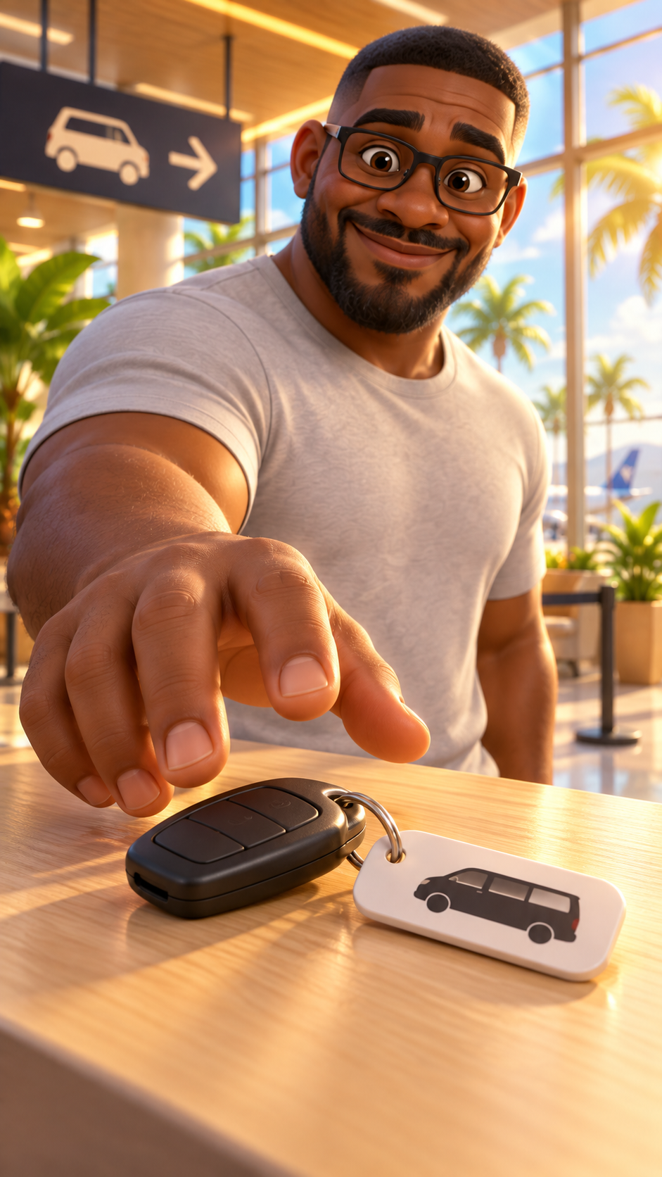 Michael, Eddison’s animated character in a gray T-shirt and black glasses, reaching toward car keys in a sunlit room