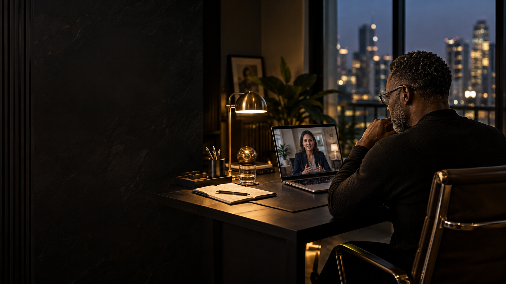 Concept imagery of an independent specialist on a video consultation at a home office